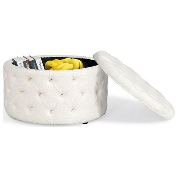 Spacious Storage Ottoman, Round Design With Tufted Faux Fur Upholstery, White