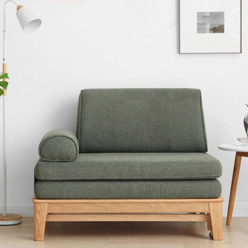 North American Oak Solid Wood Sitting-Bed Foldable Sofa, Walnut Sofa Bed 42.9x34.6x34.1" Grass Moss Green