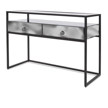 Unique Modern Console Table, Metal Frame With Glass Top & 2 Mirrored Drawers
