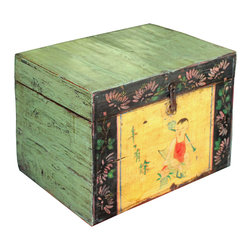 Chinese Vintage Green Black Graphic Theme Trunk Box Chest - Decorative Boxes