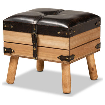 Amena Dark Brown PU Leather Upholstered Oak Finished Wood Small Storage Ottoman