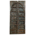 Mogul Interior - Consigned Antique Indo Spanish Door Scallop Arch Teak Exterior Double Doors 85 - Decorate your entry with this stunning pair of antique Spanish Inspired farmhouse Scallop Arch Teak Exterior double doors, exuding rustic charm with russet and green patinas. Handcrafted from teakwood, these exterior doors feature a scalloped front and traditional iron nail detailing the bars. Reclaimed from old estates they capture the essence of authentic craftsmanship, bringing heritage and artistry to an entry or your veranda..