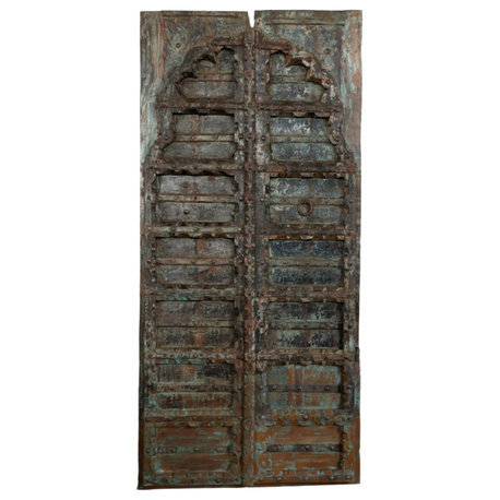 Consigned Antique Indo Spanish Door Scallop Arch Teak Exterior Double Doors 85