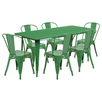 Flash Commercial Grade 31.5" x 63" RectGreen Metal Table Set, 6 Stack Chairs