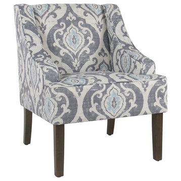 Fabric Wooden Accent Chair With Swooping Armrests & Damask Pattern Design