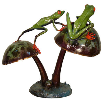Two Frogs Balancing on Mushrooms  Bronze Sculpture Special Patina