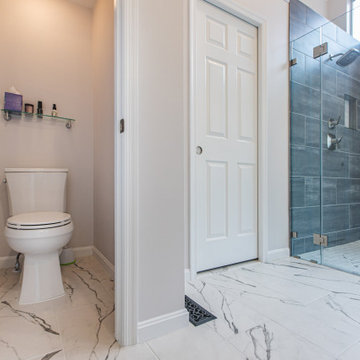 Sleek bathroom remodel in Centerville, VA with double vanity & walk-in shower