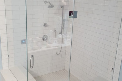 Mid-sized trendy master white tile ceramic tile corner shower photo in New York with blue walls