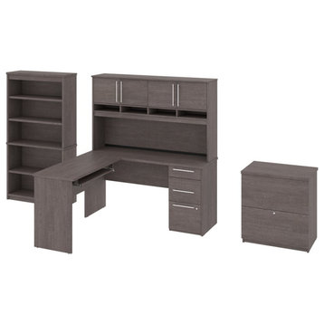 Bestar Innova 60" L-Shaped Desk with Hutch File and Bookcase in Bark Gray