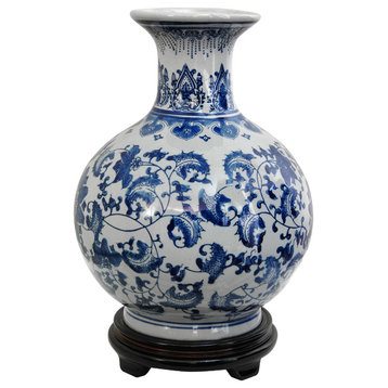 12" Floral Blue and White Porcelain Vase