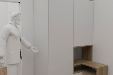 Cette photo montre une chambre blanche et bois tendance avec un mur blanc et dressing.