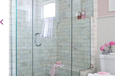 Alcove shower - small contemporary 3/4 gray tile, white tile and subway tile alcove shower idea in St Louis with pink walls and a hinged shower door