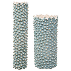 Art Pottery Knobbed Aqua Ceramic Vases Coastal Coral White Blue 