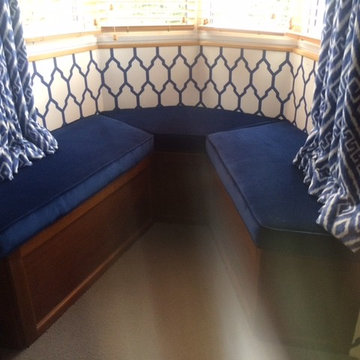 Window seat in Trend Blue velvet with Farrow and Ball wallpaper