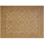 Bareens Designer Rugs - Boho Chic Ziegler Russell Ivory Beige Hand-Knotted Wool Rug - 7'11'' x 9'6'' - Enhance the ambiance of your home with this magnificent Persian-influenced Turkish hand-knotted rug made by skilled artisans capable of creating the most exceptional vegetable dyes and hand-spun wool. This exquisite handmade rug is a one-of-a-kind Peshawar Kafkaz, otherwise identified as Chobi, Chobi Peshawar, Oushak, or Ziegler rug. These handmade rugs are crafted in Pakistan utilizing superior-quality wool imported from Australia, New Zealand, and Korea in two types of weaves: the Persian weave and the Mori weave. This rug is meticulously crafted by hand using the finest natural vegetable dyes extracted from local plants. The artisans use a blend of hand-spun local and fine merino wool, resulting in a rug with a compelling texture, higher lanolin content, and longer staple. The artisans occasionally incorporate natural or artificial silk into the pile to enhance specific motifs. The finished product is an awe-inspiring execution of flawless design and an understated palette that exudes elegance.