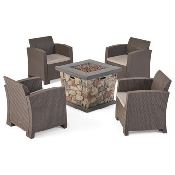 GDF Studio Maggie Outdoor Wicker Print 4 Chat Set with Fire Pit, Brown, Mixed Bi