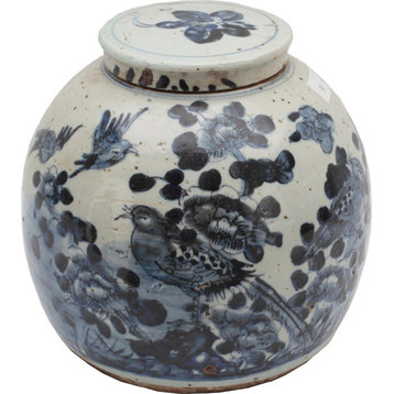 Jar Vintage Ming Asian Flower Bird Large Handmade Hand-Cr