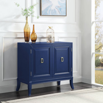 Contemporary Storage Cabinet, Raised Panel Doors With Golden Pull Handles, Blue