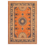 Bareens Designer Rugs - Bohemian Heriz Ziegler Reda Rust Blue Hand-Knotted Rug - 8'3'' x 9'6'' - Enhance the ambiance of your home with this magnificent Persian-influenced Turkish hand-knotted rug made by skilled artisans capable of creating the most exceptional vegetable dyes and hand-spun wool. This exquisite handmade rug is a one-of-a-kind Peshawar Kafkaz, otherwise identified as Chobi, Chobi Peshawar, Oushak, or Ziegler rug. These handmade rugs are crafted in Pakistan utilizing superior-quality wool imported from Australia, New Zealand, and Korea in two types of weaves: the Persian weave and the Mori weave. This rug is meticulously crafted by hand using the finest natural vegetable dyes extracted from local plants. The artisans use a blend of hand-spun local and fine merino wool, resulting in a rug with a compelling texture, higher lanolin content, and longer staple. The artisans occasionally incorporate natural or artificial silk into the pile to enhance specific motifs. The finished product is an awe-inspiring execution of flawless design and an understated palette that exudes elegance.