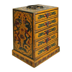 Chinese Distressed Yellow Dragon Graphic Trunk Box Chest - Decorative Boxes