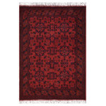 Bareens Designer Rugs - Rustic Biljik Khal Mohammadi Felecia Wool Rug 3'5" x 4'10" - Elegant Khal Mohammadi rugs made by skilled artisans of Northern Afghanistan using premium quality hand-spun wool and vegetable dyes are an exquisite addition to any decor. Meticulously hand-knotted using the age-old techniques of traditional Turkish or Ghiordes knots, these chic Khal Mohammadi rugs feature intricate designs with a warm color palette of deep reds, dark blues, and luxurious browns. The long-lasting mesmerizing hue in Khal Mohammadi rugs comes from the vegetable dyes made from madder root, indigo, and walnut husks that become more enchanting over time. The Biljilk Khal Mohammadi design showcases stylized floral motifs and a geometric pattern that draws inspiration from nature. The unique weaving style developed by influential rug weaver Khal Mohammad has resulted in rich colors, intricate patterns, and exceptional craftsmanship. Despite the scarcity of specific details about his early life and introduction to the craft, his techniques and designs have made an indelible mark on the world of rug craftsmanship, making these rugs a testament to his unparalleled skill and innovation. The intricate design and the dark hues exude an aura of dreamy serenity and undeniable luxury that will elevate the ambiance of any room.