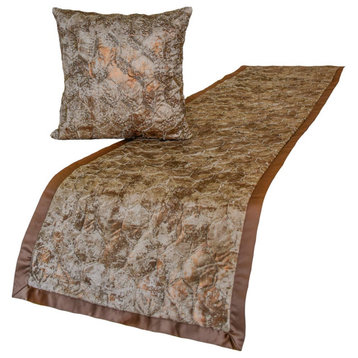 Designer Copper Jacquard Twin 53"x18" Bed Runner, Beaded and Foil Aranka
