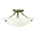 Livex Lighting - Livex Lighting 4273-01 Oasis - Three Light Flush Mount - Canopy Included: TRUE  Shade InOasis Three Light Fl Antique Brass White  *UL Approved: YES Energy Star Qualified: n/a ADA Certified: n/a  *Number of Lights: Lamp: 3-*Wattage:75w Medium Base bulb(s) *Bulb Included:No *Bulb Type:Medium Base *Finish Type:Antique Brass