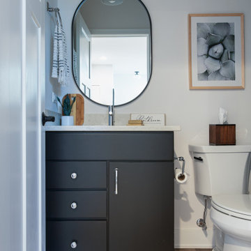 Modern Basement Bathroom with Dark Charcoal Vanity & Pill-Shaped Mirror