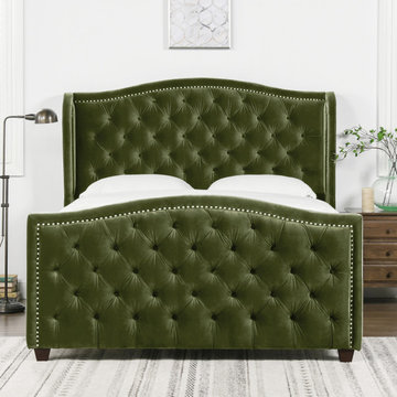 Marcella Upholstered Tufted Shelter Wingback Panel Bed, Olive Green Velvet, Quee