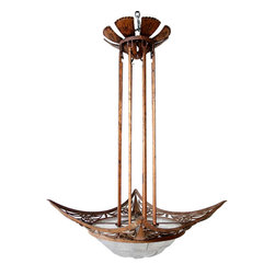 French Art Deco Iron and Cast Glass Three-Light Chandelier - Chandeliers