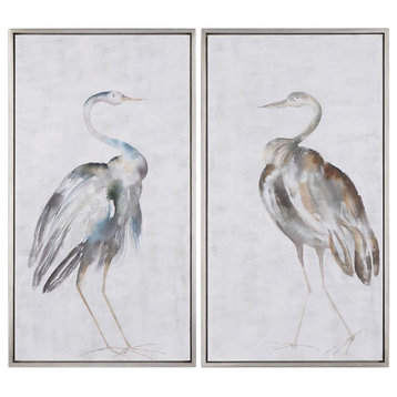 White Gray Tall Cranes Modern Wall Art, Set of 2 Birds Silver Facing Herons