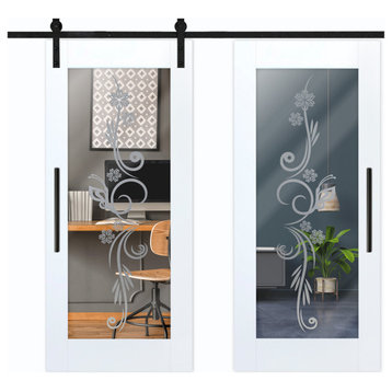 Mirror Sliding Barn Door with Frosted Design, 36"x84" Inches, 2x Mirror With Des