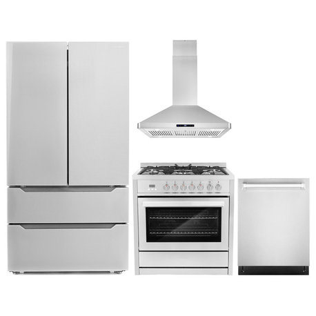 4-Piece, 36" Range, 36" Island Range Hood, 24" Dishwasher and Refrigerator