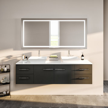 Totti Wave 72 inch Modern Double Sink Bathroom Vanity with White Top, Espresso,