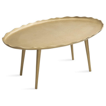 Modern Glam Coffee Table, Sleek Legs & Oval Shaped Top With Deckled Edge, Gold