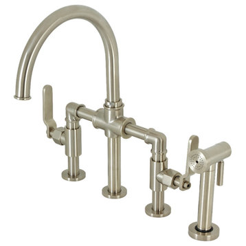 Industrial Style Bridge Kitchen Faucet and Brass Sprayer, Brushed Nickel