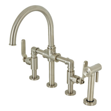 Industrial Style Bridge Kitchen Faucet and Brass Sprayer, Brushed Nickel