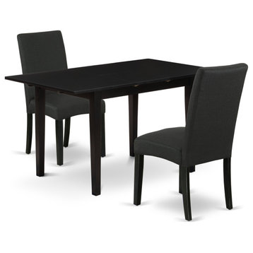 3-Pc Dining Set, 2 Parson Chairs, Butterfly Leaf Dining Table, Black