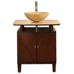 Silkroad Exclusive - 29 Inch Walnut Bathroom Vanity with Vessel Sink, Choice of Size, Travertine - This modern single vessel sink vanity is a great addition to our unique collection. This bathroom vanity features two flat panel doors with an interior shelf and Travertine top that is pre-drilled for single hole faucet.