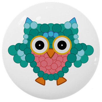 Teal Circles Owl With Big Eyes Ceramic Cabinet Drawer Knob
