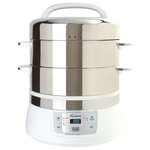 Euro Cuisine - Stainless Steel Electric Food Steamer - Enjoy healthy vitamin-packed foods right on your counter-top with this Stainless Steel 2-Tier Electric Steamer by Euro Cuisine™. Two removable stainless steel trays provide ample space to cook all your favorite foods and vegetable such as seafood, chicken, broccoli and more. Just add water, load up the trays and set the control panel to your taste preference. Use either one or two trays for steaming large or small meals while also keeping different flavors separate on each tray. Large easy-to-read LCD display features a built-in 90-minute timer, and also features a built-in warming function helps keep your food warm after it has cooked. This versatile, machine makes preparing nutrient rich foods a snap and will quickly become one of your favorite cooking appliances.