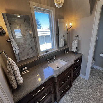 Dark Stone Vanity Top on an Espresso Vanity