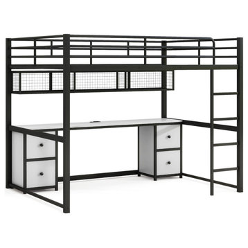 Modern Loft Bed, Metal Frame With Built, Desk and Charging Station, Black/White