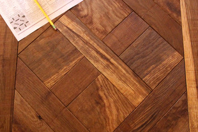Confident Voyage, reclaimed white oak custom parquet wood floors