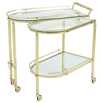 Folding Tiered Bar Serving Cart Table Gold Brass Metal Contemporary 3 Shelf