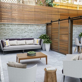 Photo of a scandinavian courtyard patio in New York with a container garden and no cover.