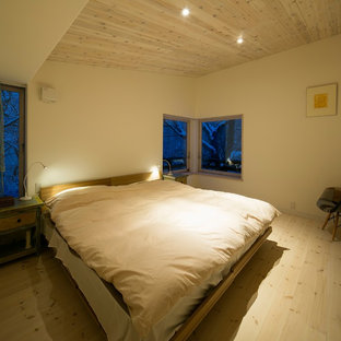 Esempio di una camera matrimoniale etnica con pareti bianche, parquet chiaro e pavimento bianco