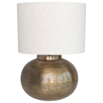14" Round Etched Metal Table Lamp, Antique Brass