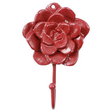 Rustic Red Cast Iron Decorative Rose Hook 7"