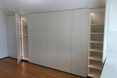 Großes Modernes Ankleidezimmer mit Einbauschrank, flächenbündigen Schrankfronten, weißen Schränken, braunem Holzboden und braunem Boden in Sonstige